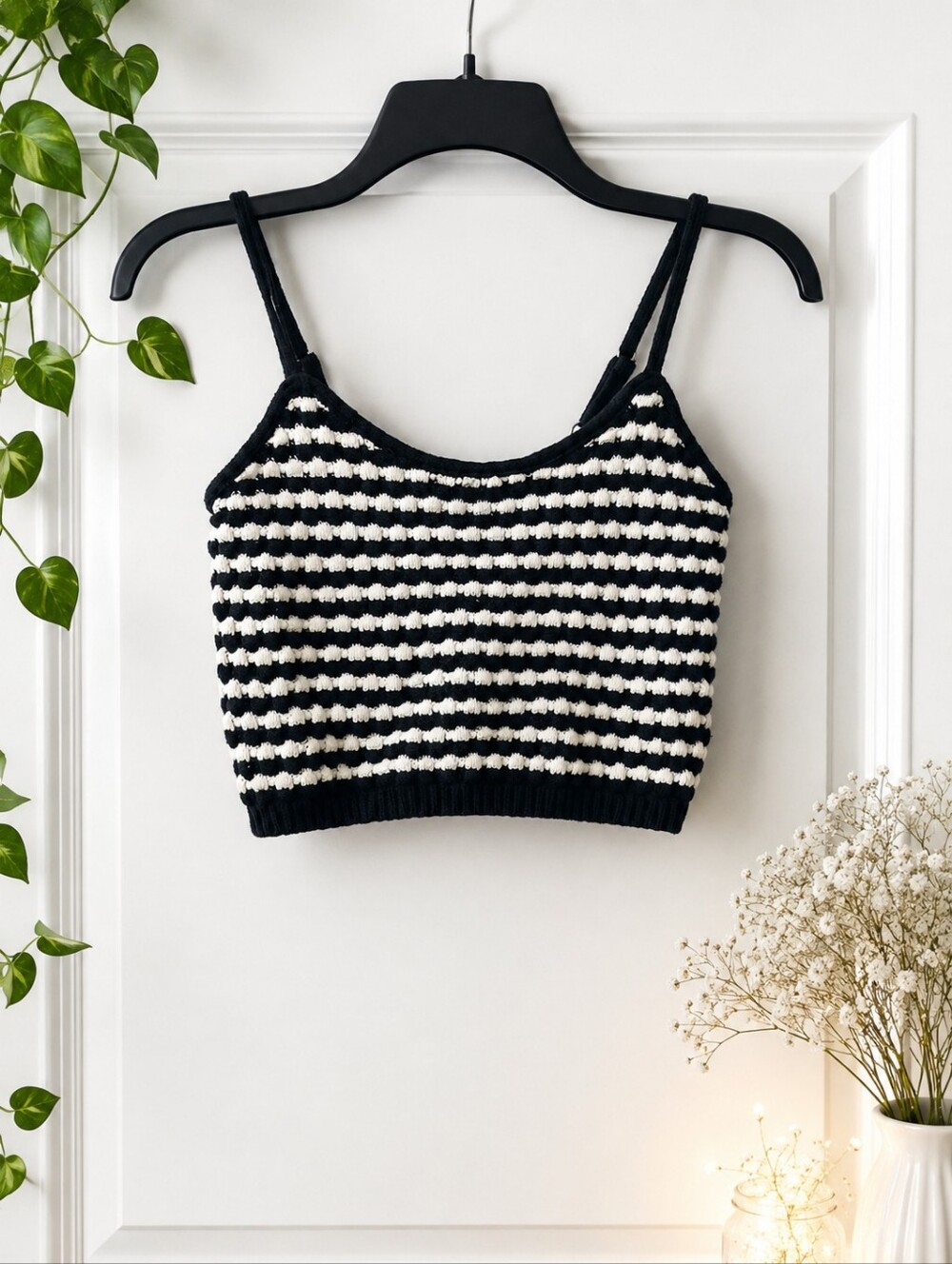 Freshman 1996 Striped Crochet Knit Crop Cami Tank Top French Girl Coastal Boho M